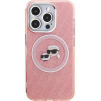 Karl Lagerfeld IML K&CH Heads Repeated Logo блестящ калъф с MagSafe за iPhone 15 Pro Max - розов