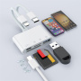 NK-104 Pro 4в1 редуктор с четец за карти - слот за SD / TF карта / USB-C / USB-A към USB-C / Lightning - бял
