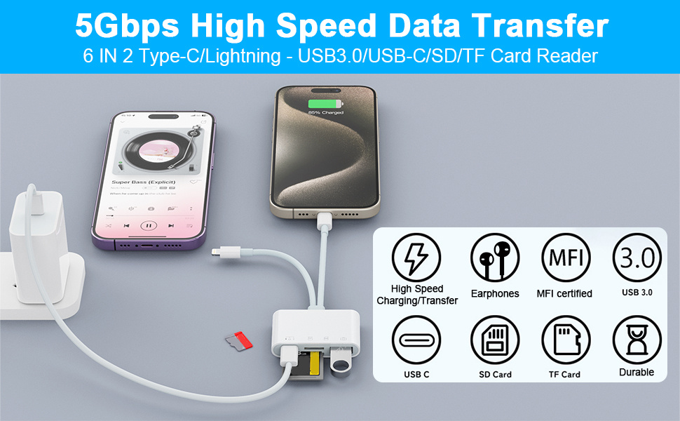 NK-104 Pro 4в1 редуктор с четец за карти - слот за SD / TF карта / USB-C / USB-A към USB-C / Lightning - бял