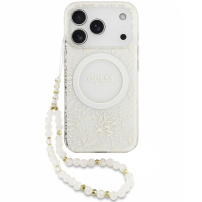 Guess IML Flowers Allover Strap кейс с каишка и MagSafe за iPhone 17 Pro - бял