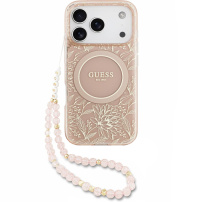 Калъф Guess IML Flowers Allover Strap с каишка и MagSafe за iPhone 17 Pro - розов