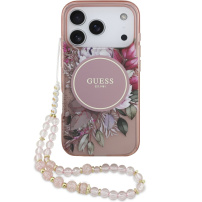 Калъф Guess IML Flowers Strap с каишка и MagSafe за iPhone 17 Pro Max - розов