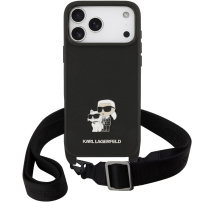 Karl Lagerfeld Saffiano Crossbody Metal Karl and Choupette калъф с регулируема презрамка за iPhone 17 Pro Max - черен