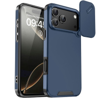 Матов кейс с плъзгащ се капак за камера за iPhone 17 Pro Max - тъмно син