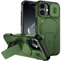 Кейс с плъзгащ се капак за камера, сгъваема стойка и MagSafe за iPhone 17 - маслиново зелен