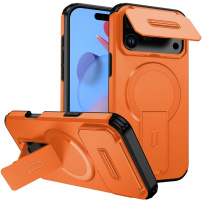 Кейс с плъзгащ се капак за камерата, сгъваема стойка и MagSafe за iPhone 17 Pro Max - оранжев