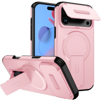 Кейс с плъзгащ се капак за камерата, вградена стойка и MagSafe за iPhone 17 Pro Max - розов