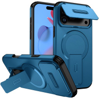 Кейс с плъзгащ се капак за камера, сгъваема стойка и MagSafe за iPhone 17 Pro Max - син