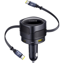 Baseus Enjoyment Max комплект за кола с USB-C / USB-A портове и изтеглящи се USB-C кабели - 90W - 0,8 м - черен