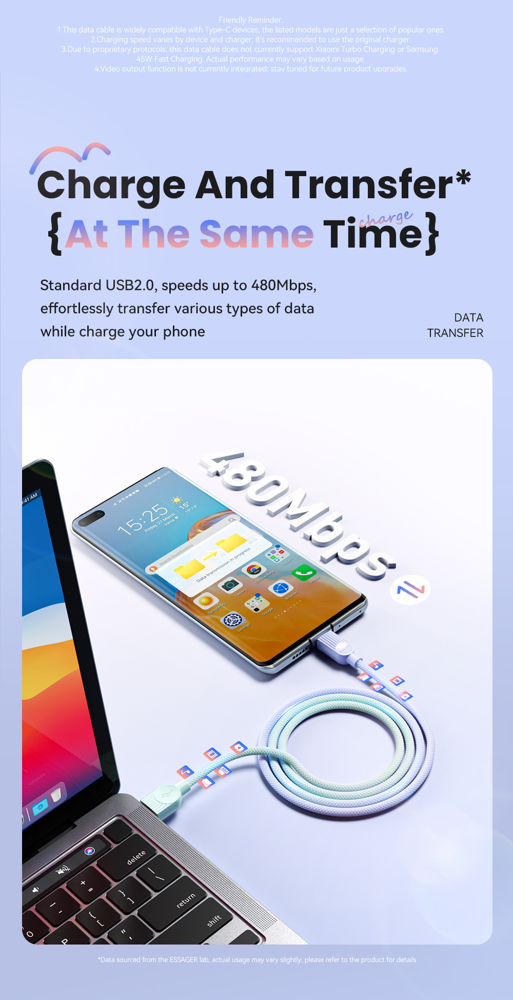 ESSAGER ES-X73 оплетен кабел за зареждане и данни - USB-A към USB-C - 25 см - зелено-розов