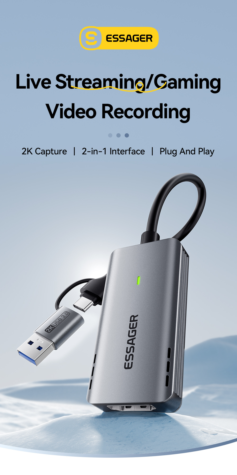 ESSAGER ES-CJK01 2в1 видео адаптер - HDMI към USB-C / USB-A - тъмносив