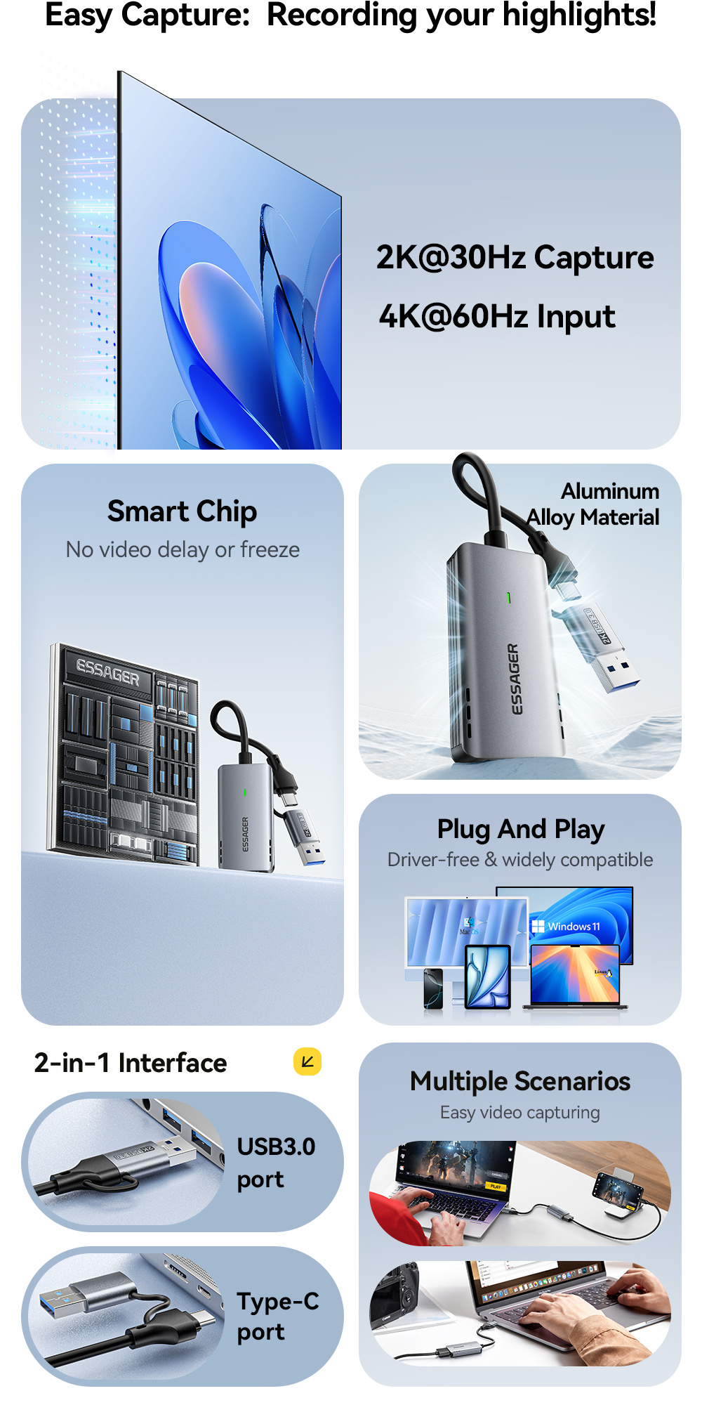 ESSAGER ES-CJK01 2в1 видео адаптер - HDMI към USB-C / USB-A - тъмносив