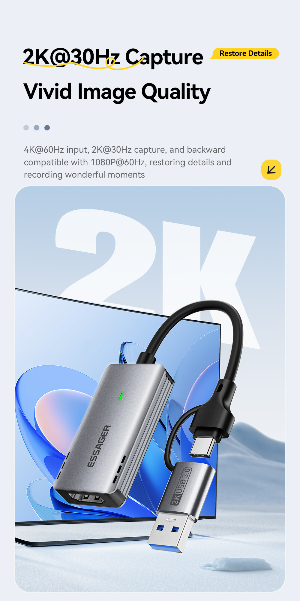 ESSAGER ES-CJK01 2в1 видео адаптер - HDMI към USB-C / USB-A - тъмносив