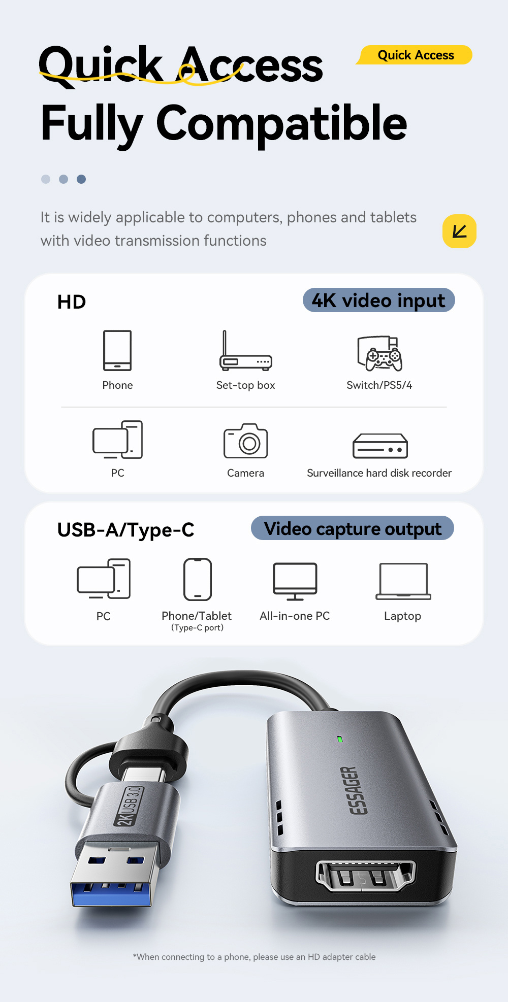 ESSAGER ES-CJK01 2в1 видео адаптер - HDMI към USB-C / USB-A - тъмносив