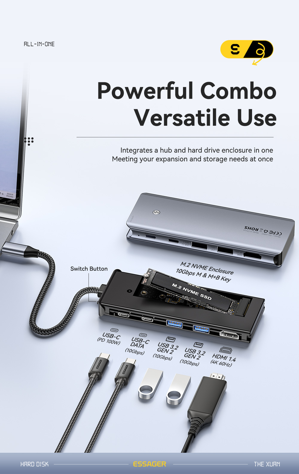 ESSAGER ES-HB01 7в1 хъб - SSD диск / слот за SD / TF карта / 2x USB-C / 2x USB-A към USB-C - тъмносив