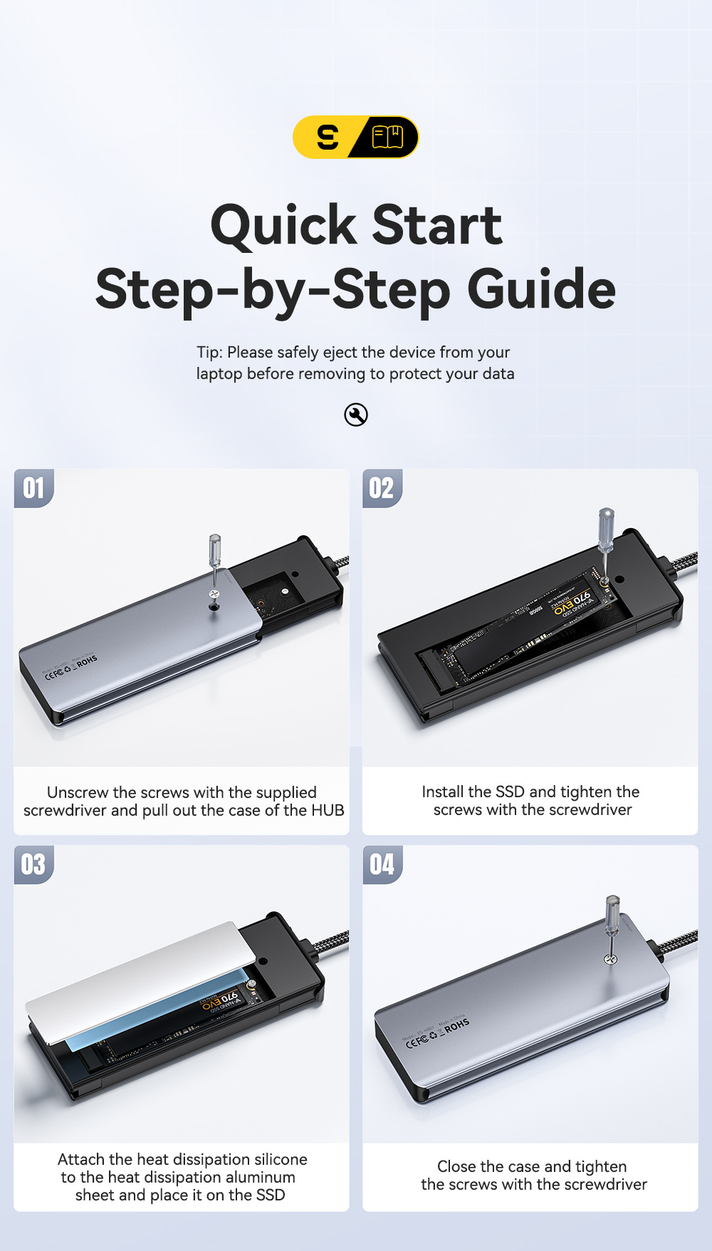 ESSAGER ES-HB01 7в1 хъб - SSD диск / слот за SD / TF карта / 2x USB-C / 2x USB-A към USB-C - тъмносив