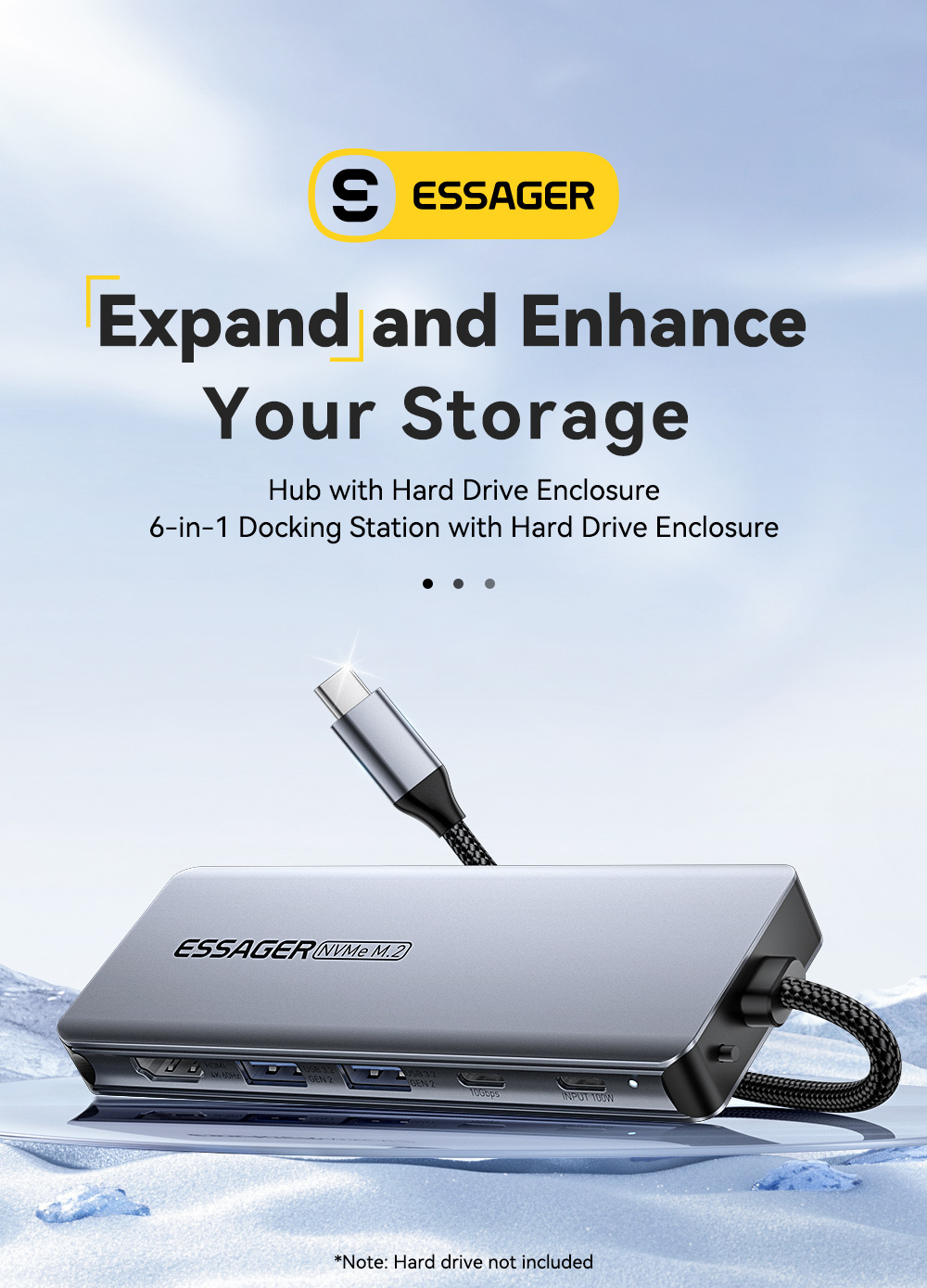 ESSAGER ES-HB01 6в1 hub - SSD disk / HDMI / 2x USB-C / 2x USB-A към USB-C - тъмносив