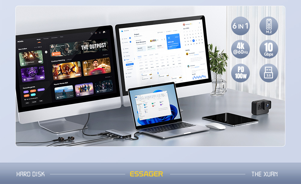 ESSAGER ES-HB01 6в1 hub - SSD disk / HDMI / 2x USB-C / 2x USB-A към USB-C - тъмносив