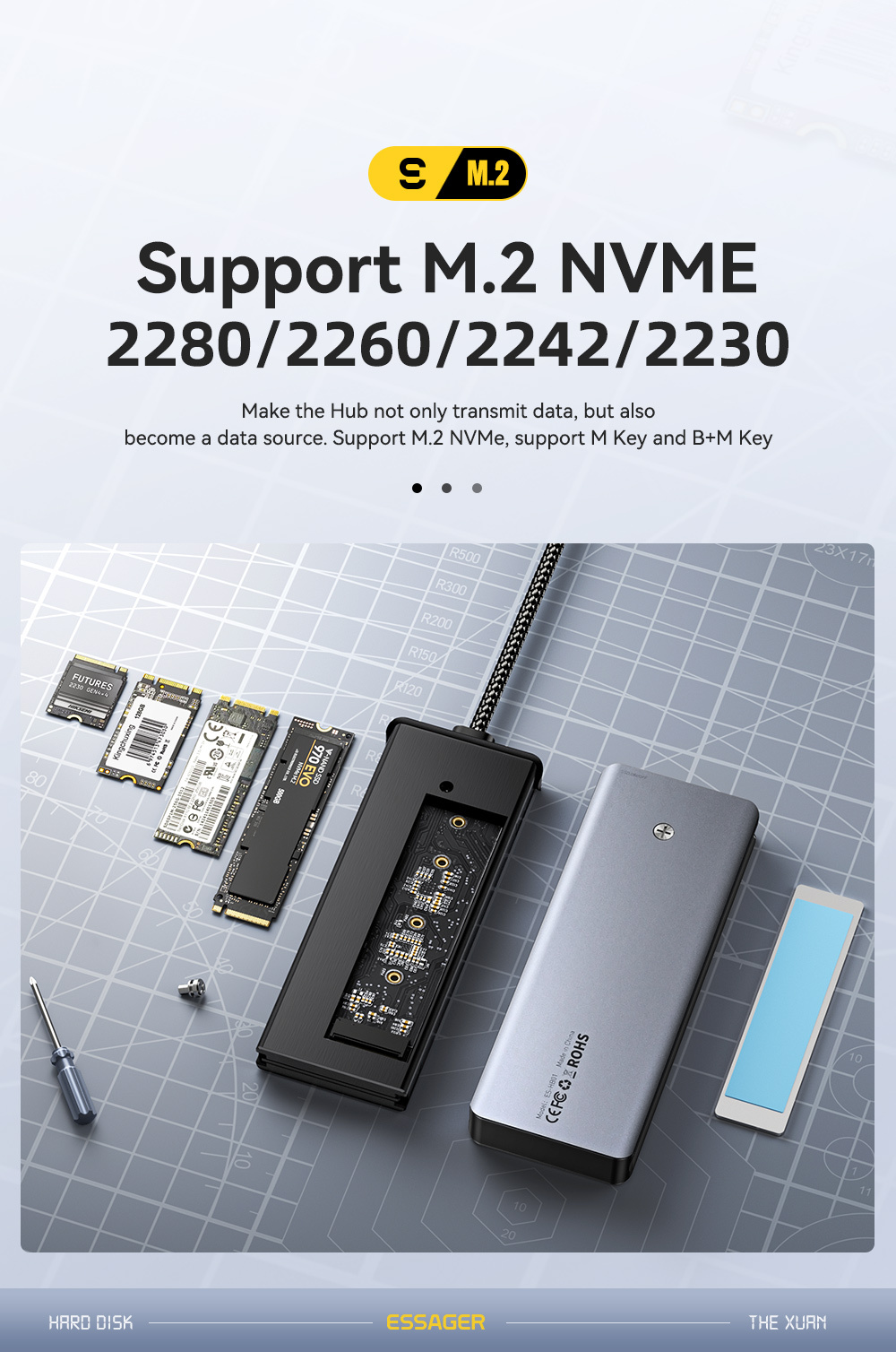 ESSAGER ES-HB01 6в1 hub - SSD disk / HDMI / 2x USB-C / 2x USB-A към USB-C - тъмносив