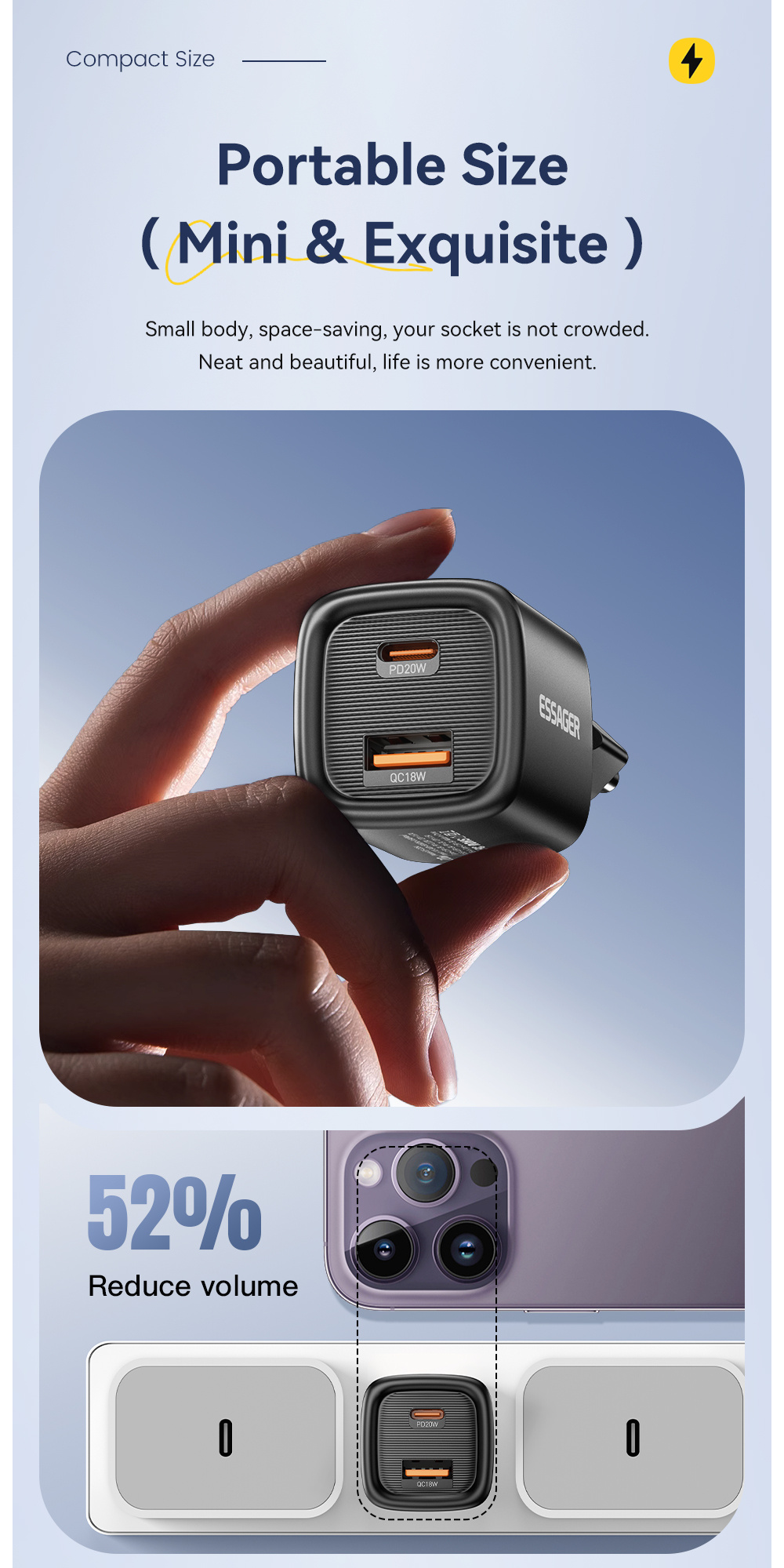 ESSAGER ES-CD54 mini адаптер за бързо зареждане с портове USB-C / USB-A - 20W - бял