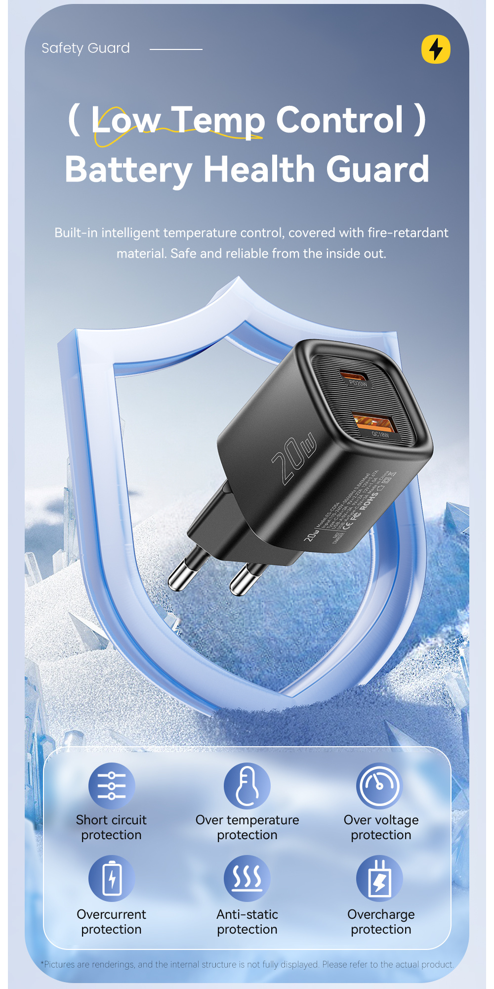 ESSAGER ES-CD54 mini адаптер за бързо зареждане с портове USB-C / USB-A - 20W - бял