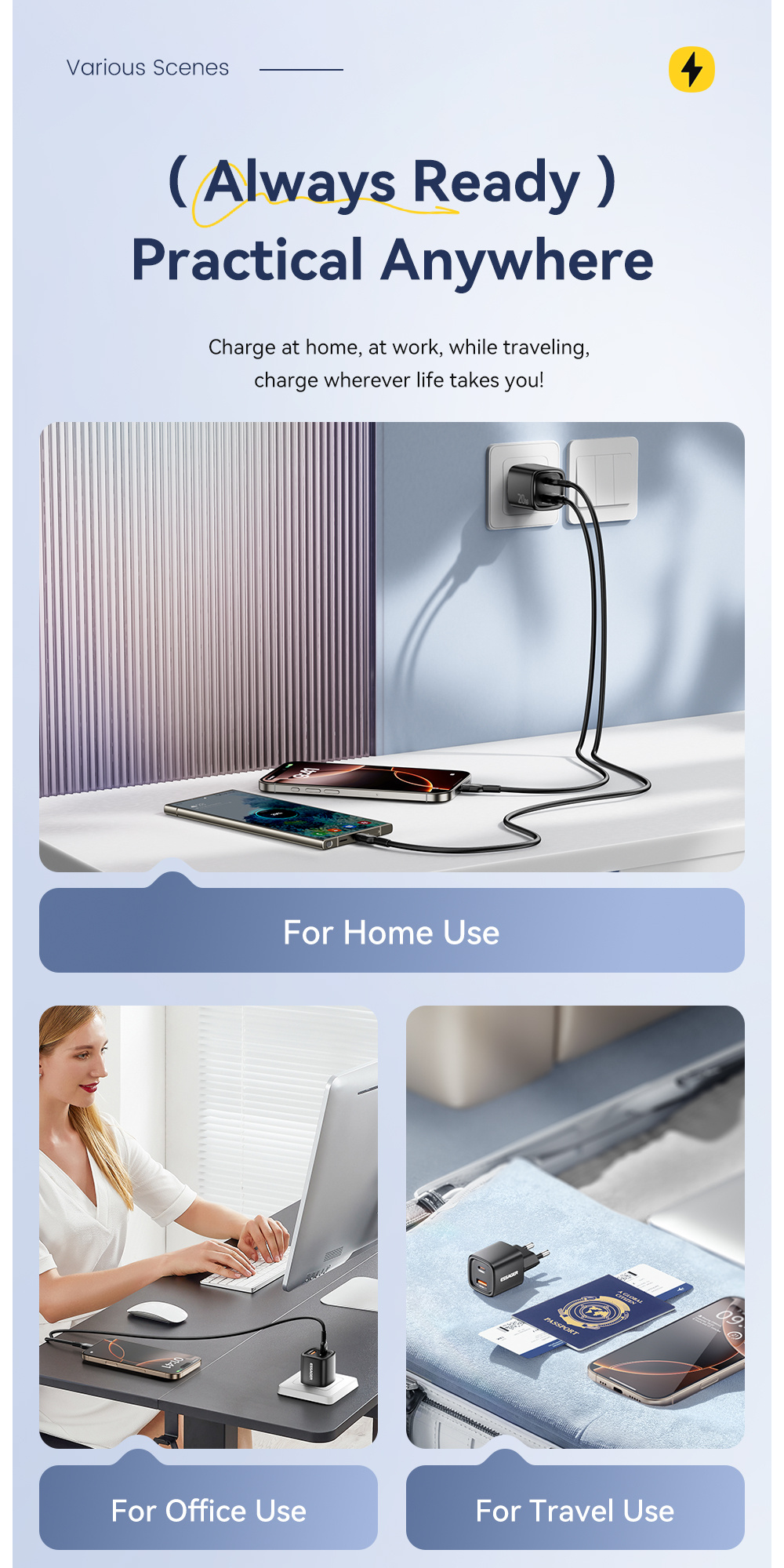 ESSAGER ES-CD54 mini адаптер за бързо зареждане с портове USB-C / USB-A - 20W - бял