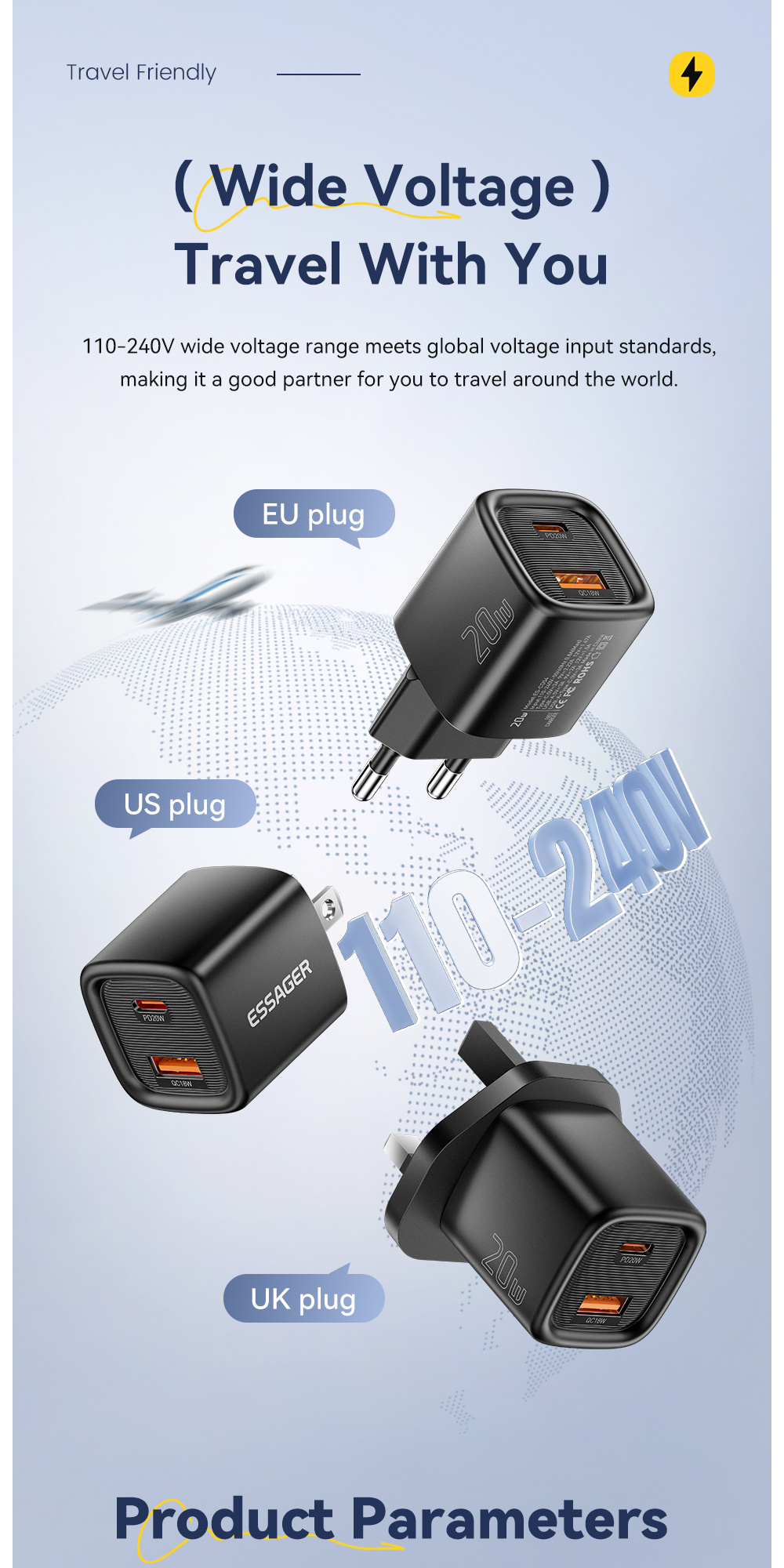 ESSAGER ES-CD54 mini адаптер за бързо зареждане с портове USB-C / USB-A - 20W - бял