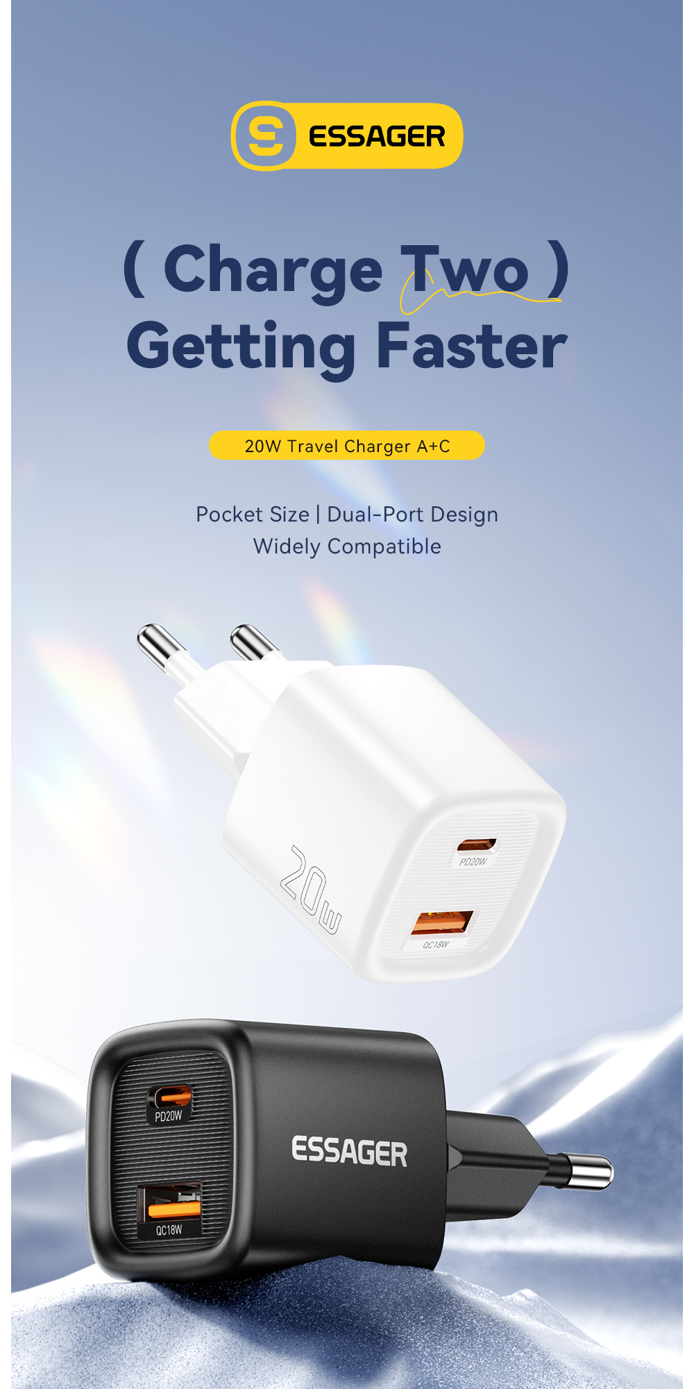 ESSAGER ES-CD54 мини адаптер за бързо зареждане с USB-C / USB-A портове - 20W - черен