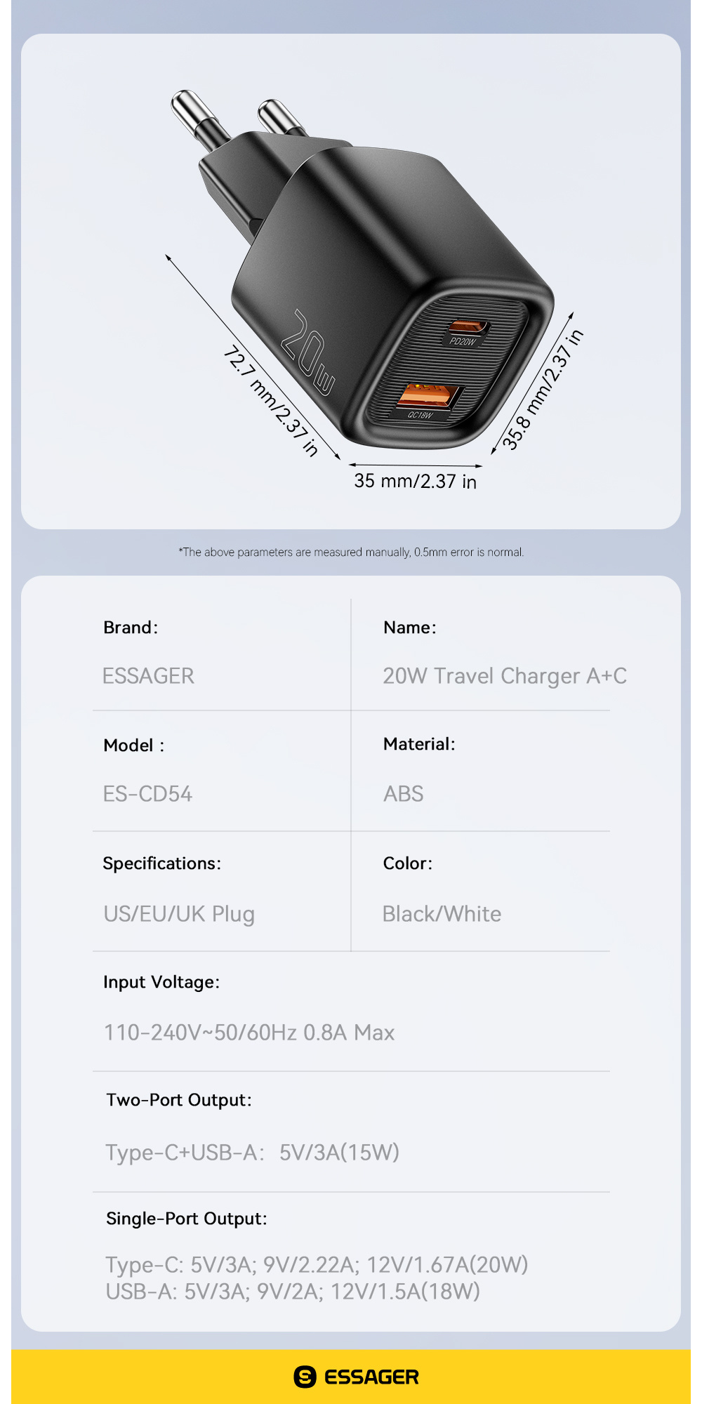 ESSAGER ES-CD54 мини адаптер за бързо зареждане с USB-C / USB-A портове - 20W - черен ESSAGER ES-CD54 мини адаптер за бързо зареждане с USB-C / USB-A портове - 20W - черен