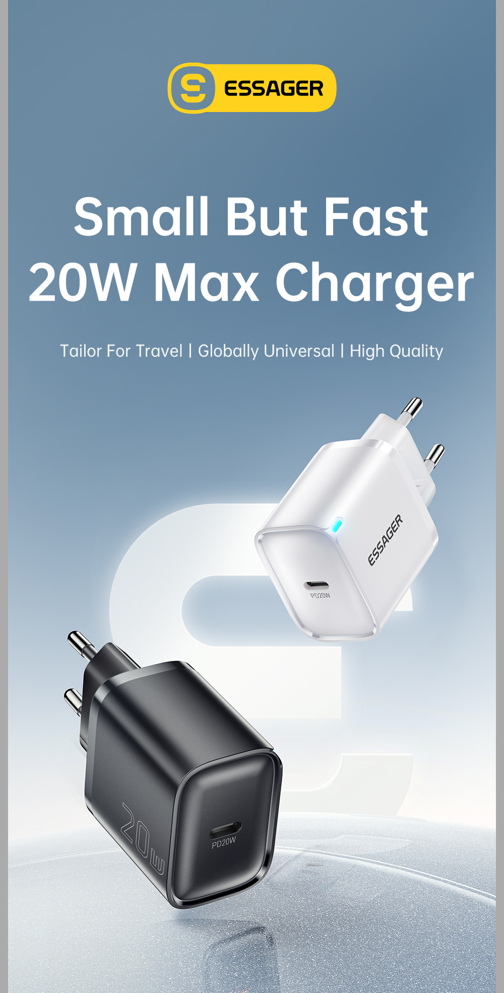 ESSAGER ES-CD53 адаптер за бързо зареждане с USB-C порт - 20W - бял