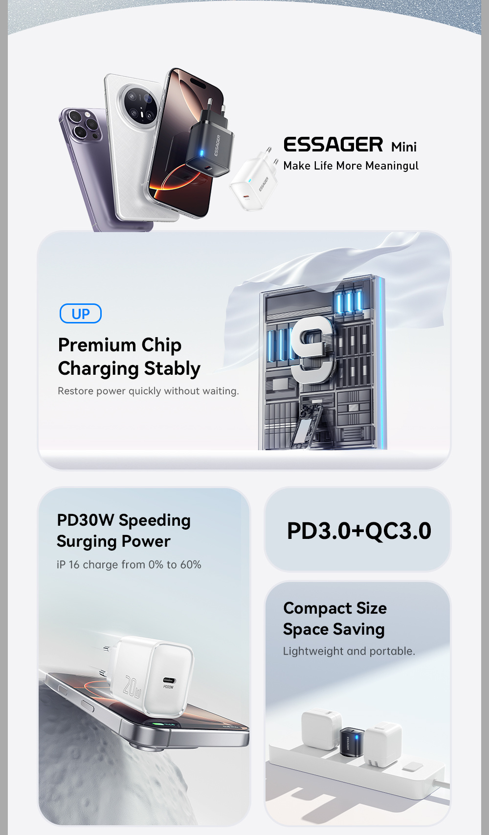 ESSAGER ES-CD53 адаптер за бързо зареждане с USB-C порт - 20W - бял