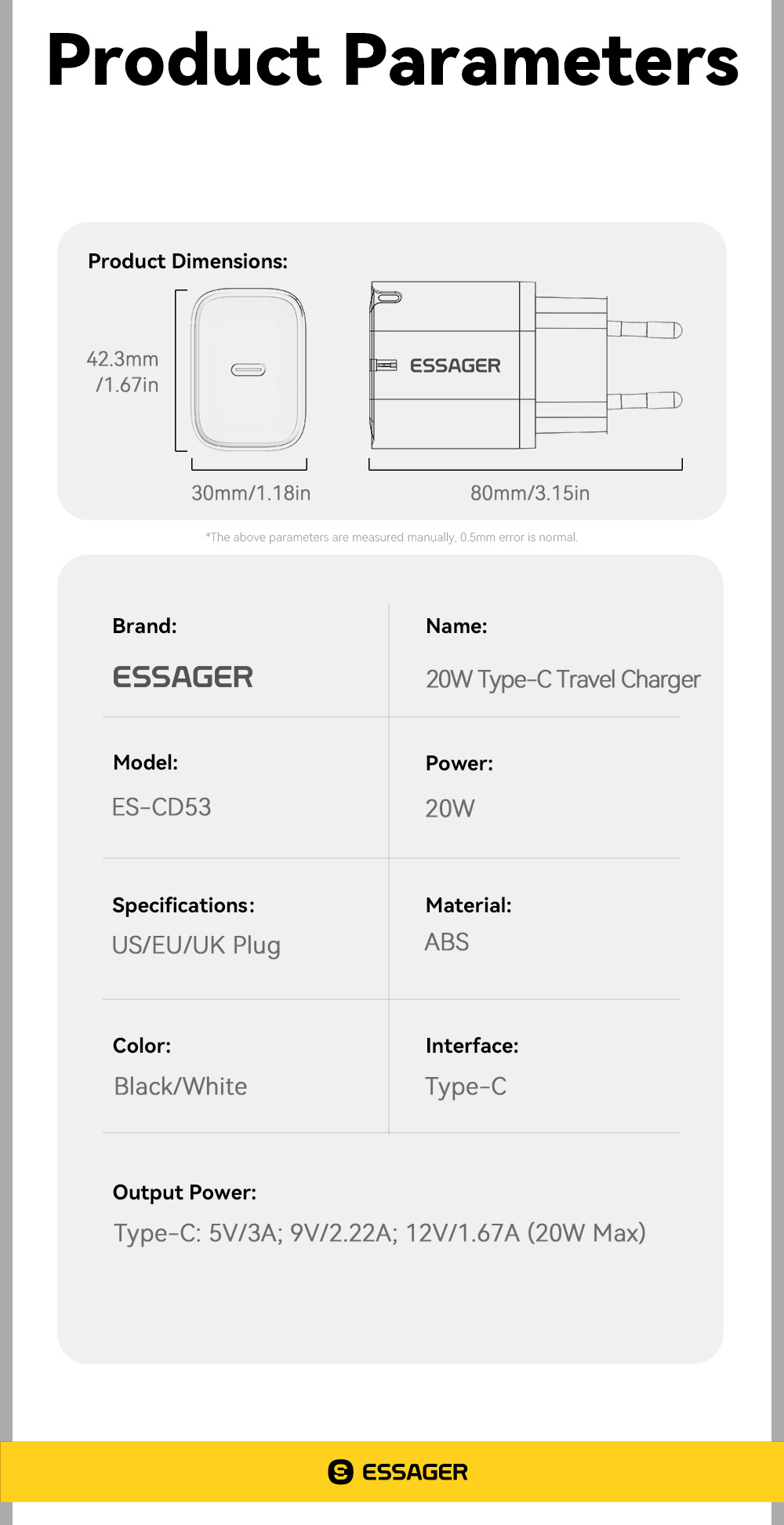 ESSAGER ES-CD53 адаптер за бързо зареждане с USB-C порт - 20W - бял ESSAGER ES-CD53 адаптер за бързо зареждане с USB-C порт - 20W - бял