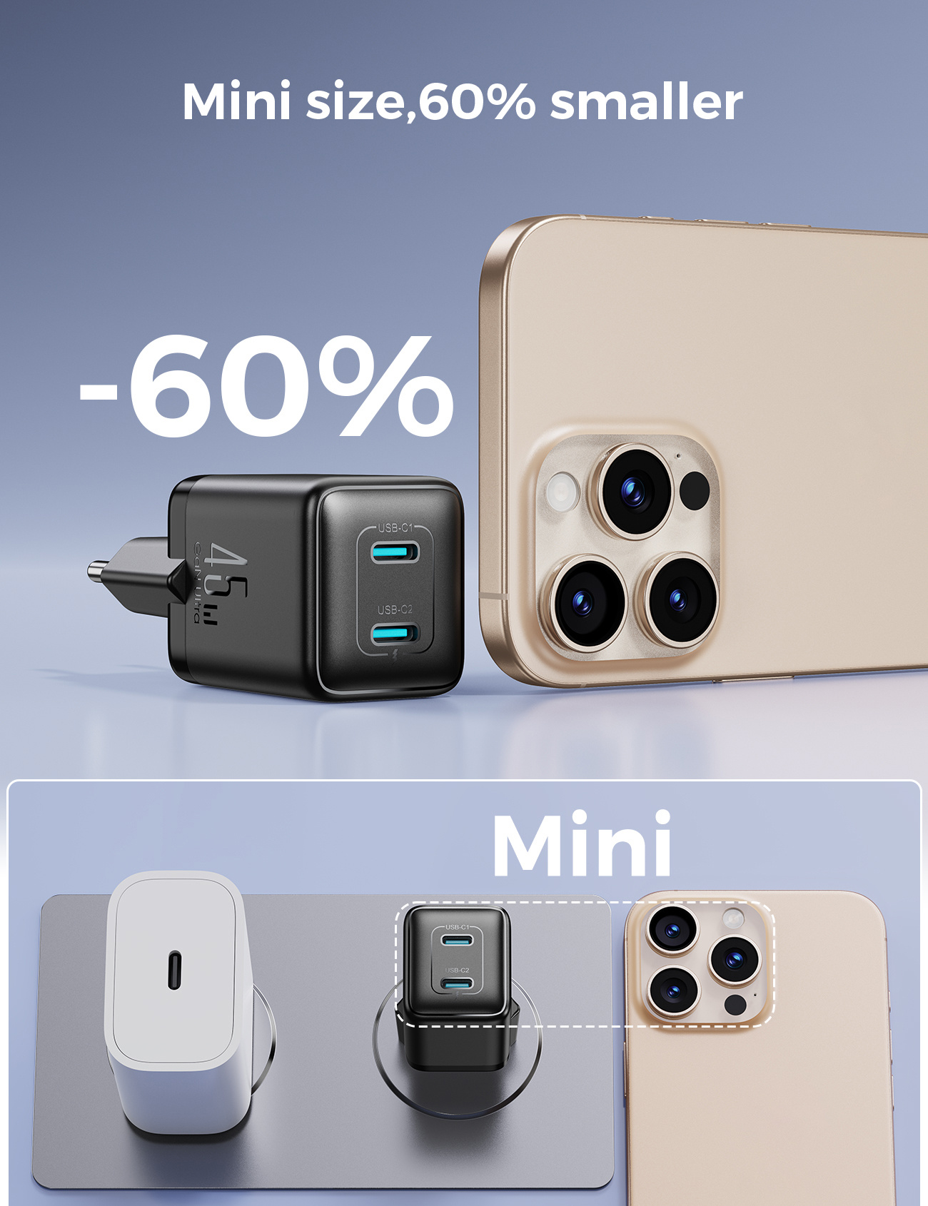 JOYROOM JR-TCG17 GaN адаптер за бързо зареждане с 2x USB-C порта - 45W - черен