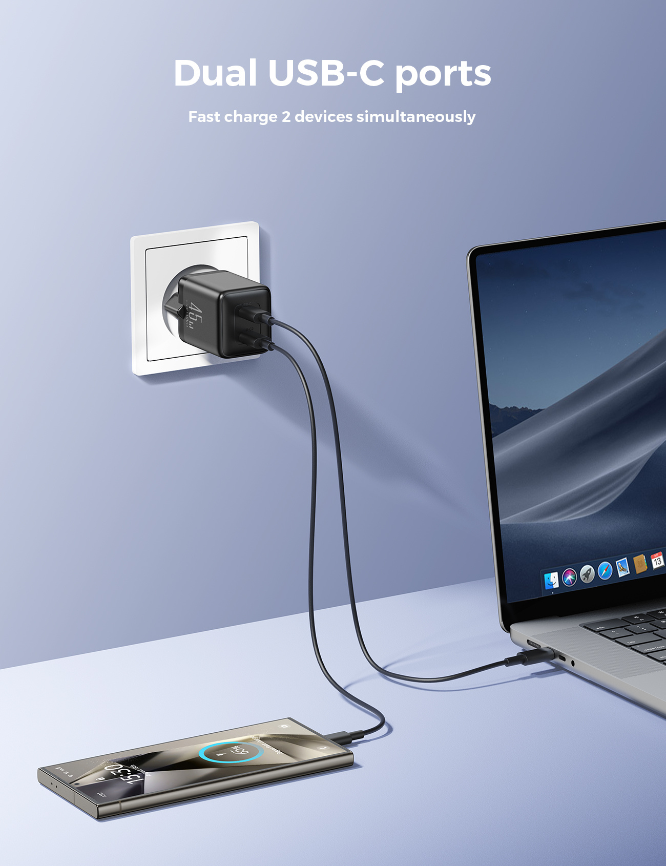 JOYROOM JR-TCG17 GaN адаптер за бързо зареждане с 2x USB-C порта - 45W - черен
