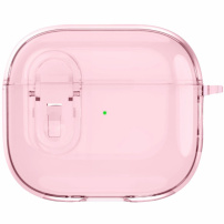 Прозрачен калъф със закопчалка и карабинер за AirPods 4 / 5 - розов