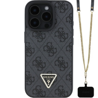 Guess 4G Strass Triangle Metal Logo Case с каишка за iPhone 16 Pro - сив