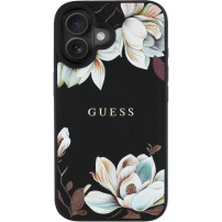 Guess Калъф Grained Magnolia Flower Pattern и MagSafe за iPhone 16 - черен