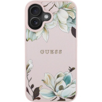 Guess Grained Magnolia кейс с флорален мотив и MagSafe за iPhone 16 - розов