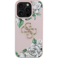 Guess Grained Roses 4G Metal Logo кейс за iPhone 16 Pro - розов