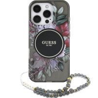 Калъф Guess IML Flowers Pearl Strap с каишка и MagSafe за iPhone 16 Pro Max - сив