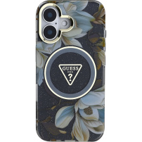 Guess Калъф IML Glitter Magnolia and Triangle Logo с MagSafe за iPhone 16 - черен