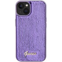 Guess Sequin Script Logo калъф с пайети за iPhone 15 Plus - виолетов
