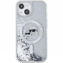 Калъф Karl Lagerfeld Liquid Glitter Karl and Choupette Heads с MagSafe за iPhone 15 - сребърен