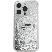Karl Lagerfeld Liquid Glitter Karl and Choupette Heads Cover с MagSafe за iPhone 16 Pro Max - сребрист