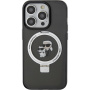 Karl Lagerfeld Ringstand Karl and Choupette кейс със сгъваема стойка и MagSafe за iPhone 15 Pro - черен