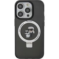 Karl Lagerfeld Ringstand Karl and Choupette кейс със сгъваема стойка и MagSafe за iPhone 15 Pro - черен