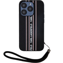 Karl Lagerfeld Saffiano Athleisure Stripe калъф с халка за iPhone 15 Pro - черен