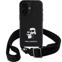 Karl Lagerfeld Метален калъф Saffiano Crossbody Karl and Choupette с регулируема каишка за iPhone 16 - Черен