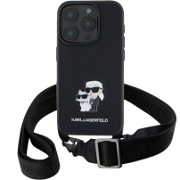 Karl Lagerfeld Метален калъф Saffiano Crossbody Karl and Choupette с регулируема каишка за iPhone 16 Pro - Черен