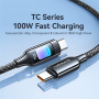 USAMS SJ750 оплетен кабел за зареждане и пренос на данни с подсветка - USB-C към USB-C - 1,2 m - черен
